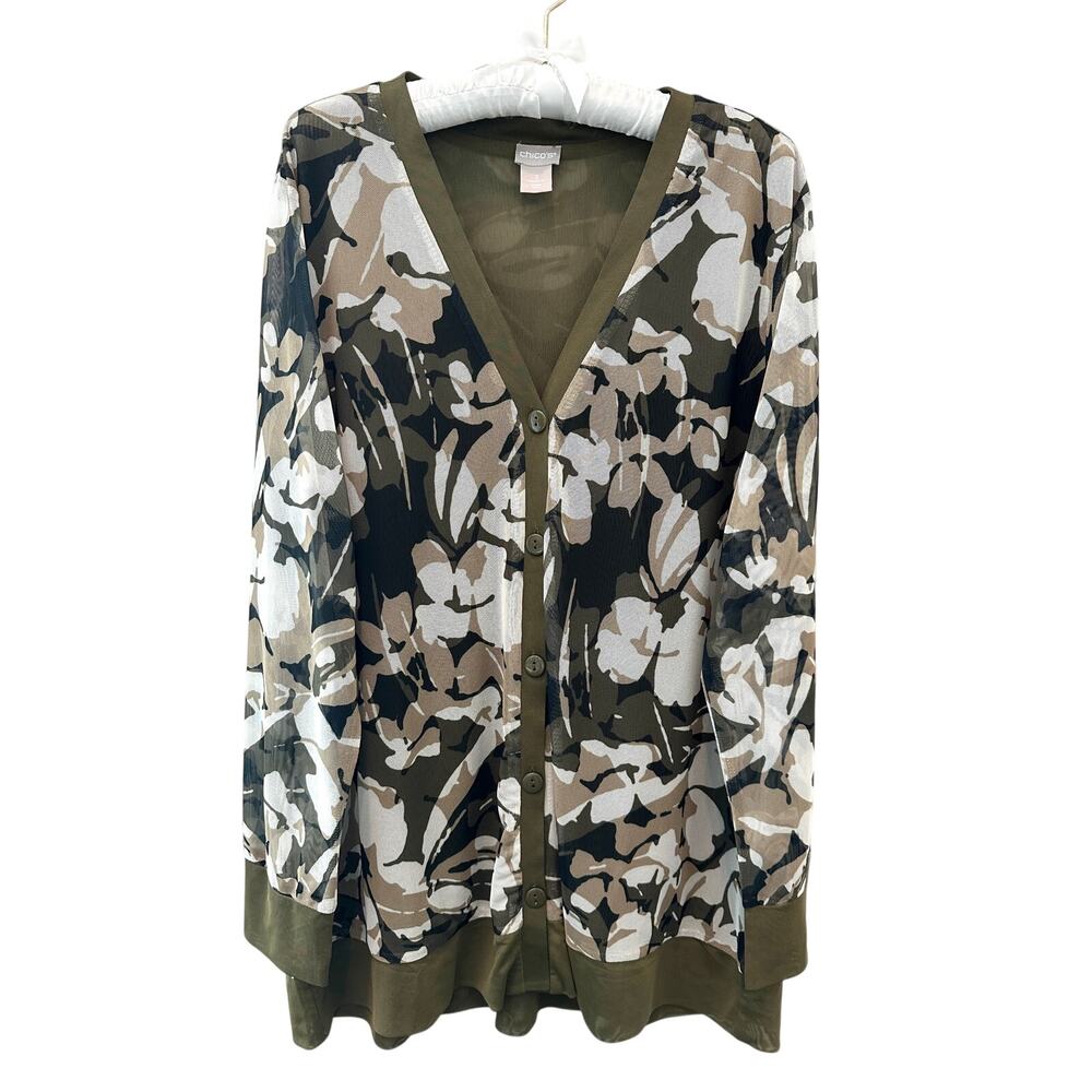 Chico’s Floral Sheer Mesh Cardigan Size 3 XL Olive Green Workwear Career Office